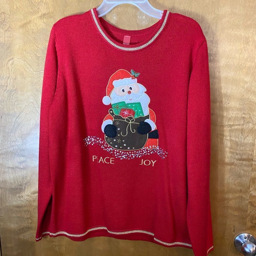 UGLY Christmas sweater red and gold embroider fine knit scoop neck Santa sweater